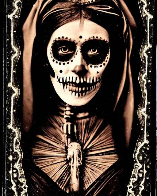 Image similar to tintype virgin mary in dia de muertos dress and makeup high quality photo, microchip, artificial intelligence, bio - mechanical bio - luminescence, black wired cables, neurons, nerve cells, cinematic, rim light, photo - realistic, high detail, 8 k, masterpiece, high fashion, in the style of steven meisel dora maar h. r. giger