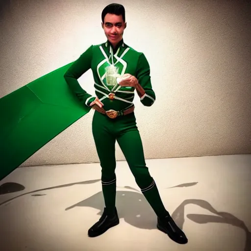 Prompt: handsome Green Ranger dating profile pic, Tommy, Power Rangers, Grindr, instagram, influencer, thirst pic, soft filter, candlelight, boudoir photography,