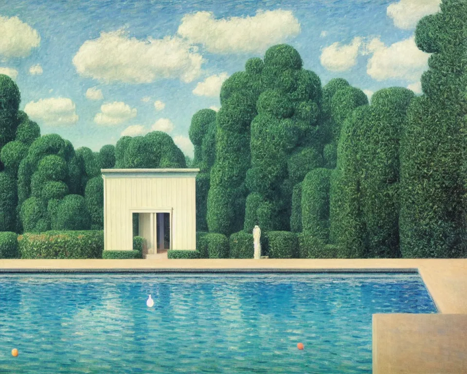 Prompt: achingly beautiful painting of a sophisticated, well - decorated, modern pool house by rene magritte, monet, and turner. whimsical.