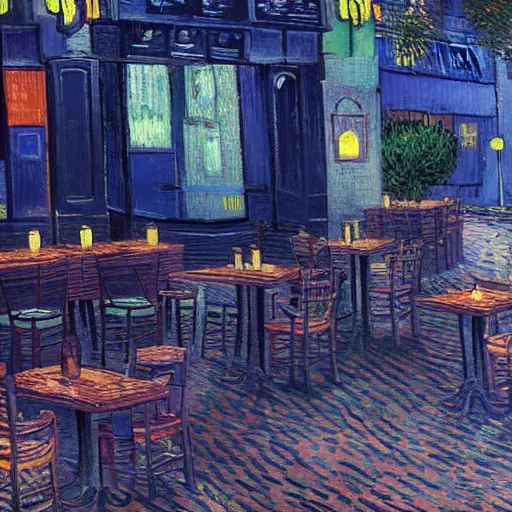 Image similar to Cyberpunk Cafe Terrace at night by Vincent Van Gogh, octane render