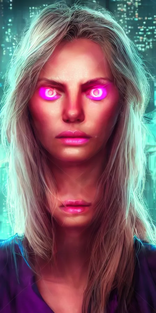 Prompt: A beautiful and detailed portrait of a middle-aged beautiful girl that has bright implants on her face and an angry-desperate look on her eyes. Red eyes trail, bokeh cyberpunk city background, artstation, violet-blue palette, vignette, by artgerm,