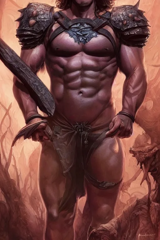 Image similar to face and torso portrait of pretty muscular sam winchester as a dark mage warrior tattooed, d & d!, fantasy style, sharp focus!, ultra detailed, art by artgerm and peter andrew jones, wlop