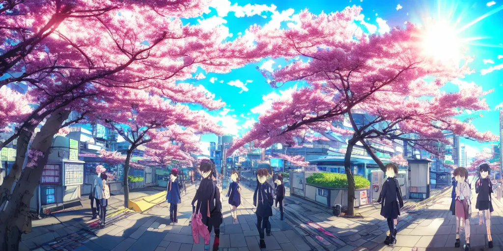 Prompt: anime style cityscape, spring season city, cherry blossoms blowing in the wind, day time, sun high in the sky, sun glare, clear weather, blue sky, tokyo japan, very few people walking, high detail and very sharp, detailed shading, artstation, wallpaper, anime art style, kyoto animation productions, koyoharu gotouge