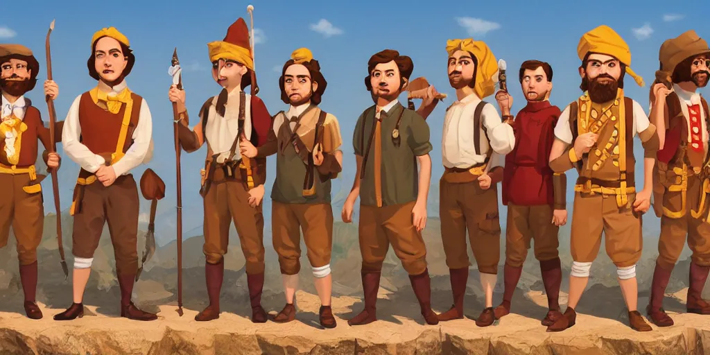 Prompt: A group of 5 adventurers lined up for a group portrait directed by Wes Anderson, Chest high, RPG portrait, Regal, Formal, Symmetrical, dynamic lighting, Highly Detailed, Cinematic Lighting, 8k, HD