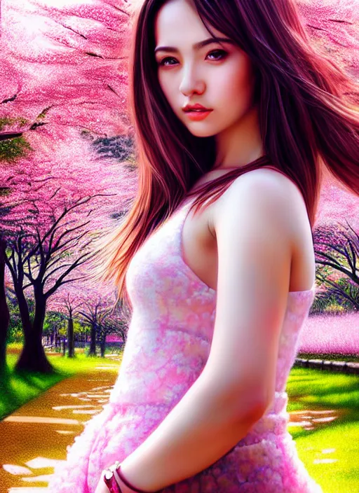 Prompt: photo of a beutiful girl in the style of stefan kostic, realistic, full body shot, sharp focus, 8 k high definition, insanely detailed, intricate, elegant, art by stanley lau and artgerm, extreme blur cherry blossoms background