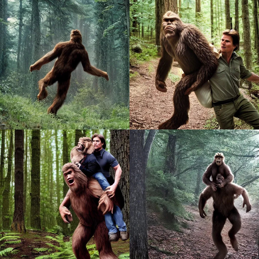 Prompt: Bigfoot giving Tom Cruise a piggyback through the woods, photorealistic, 8K