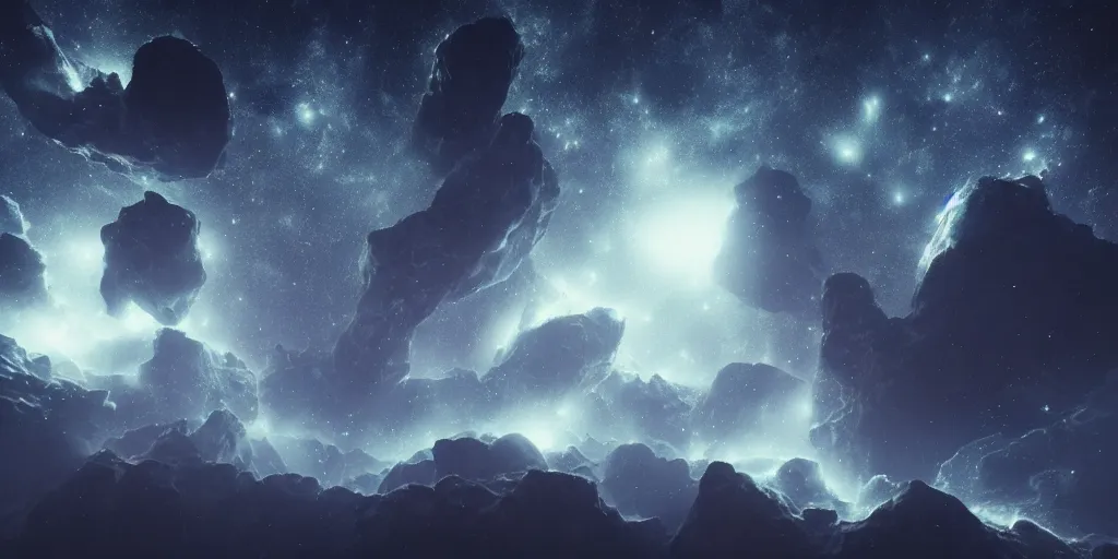 Image similar to the outer space nebulae are dark epic and beautiful, highly detailed, houdini simulation, octane render, majestic, mysterious, double - exposure, light, tones of black in background, sublime, soft lighting, ray tracing global illumination, translucid luminescence, lumen reflections