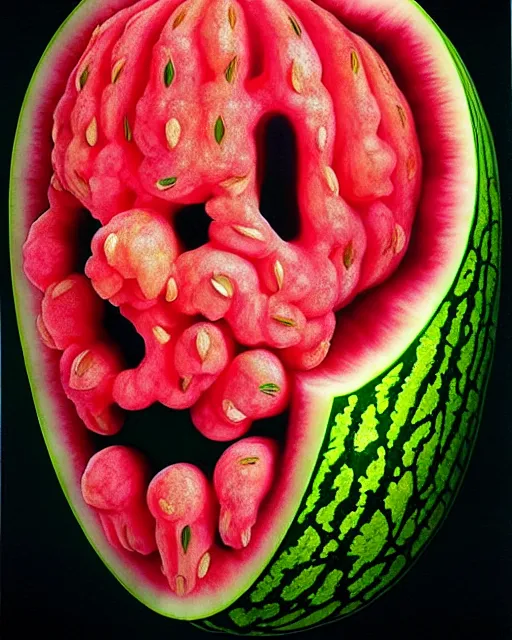 Image similar to interdimensional human watermelon face being made out of fruits, ethereal still life renaissance painting by giuseppe arcimboldo and alex grey