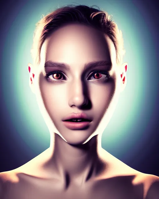 Image similar to realistic portrait of a young female with big equilateral triangle in place of a mouth and glowing eyes, detailed portrait, 8k, sharp high quality photo