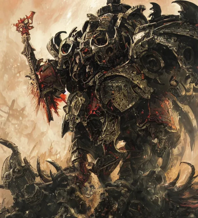 Prompt: spectacular battle scene portrait of armored heroes warhammer 4 0 k fight war fighting nurgle warrior, cesede, the chaos god of plague and decay, red chaos knight with massive cathedrals and columns, pestilence, champion, emperor, abbeys, elegant concept art by ruan jia