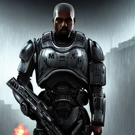 Image similar to kanye west as ( ( robocop ) ) in gears of war, kanye west face, splash art, movie still, cinematic lighting, detailed face, dramatic, octane render, long lens, shallow depth of field, bokeh, anamorphic lens flare, 8 k, hyper detailed, 3 5 mm film grain