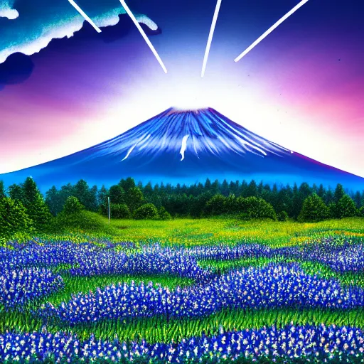 Image similar to a beautiful and detailed picture of mount fuji surrounded by a field of bluebonnets, in the style of magic the gathering, highly detailed, digital painting, god rays, volumetric lighting, octane render, 4 k resolution, art by adam paquette and johann bodin and jason rainville