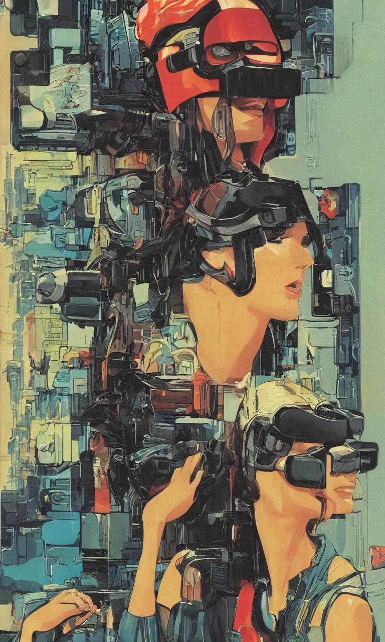 Image similar to 1979 OMNI Magazine Cover depicting a portrait of a Beautiful woman wearing AR goggles in a grocery store. Cyberpunk Akira style by Vincent Di Fate