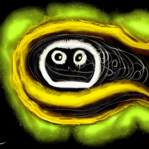 Prompt: a digital painting of lovecraftian ink slime cat with yellow glowing eyes