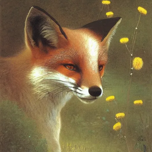 Image similar to A portrait of a fox wearing a hat full of dandelions, by Robert Cleminson and William-Adolphe Bouguereau