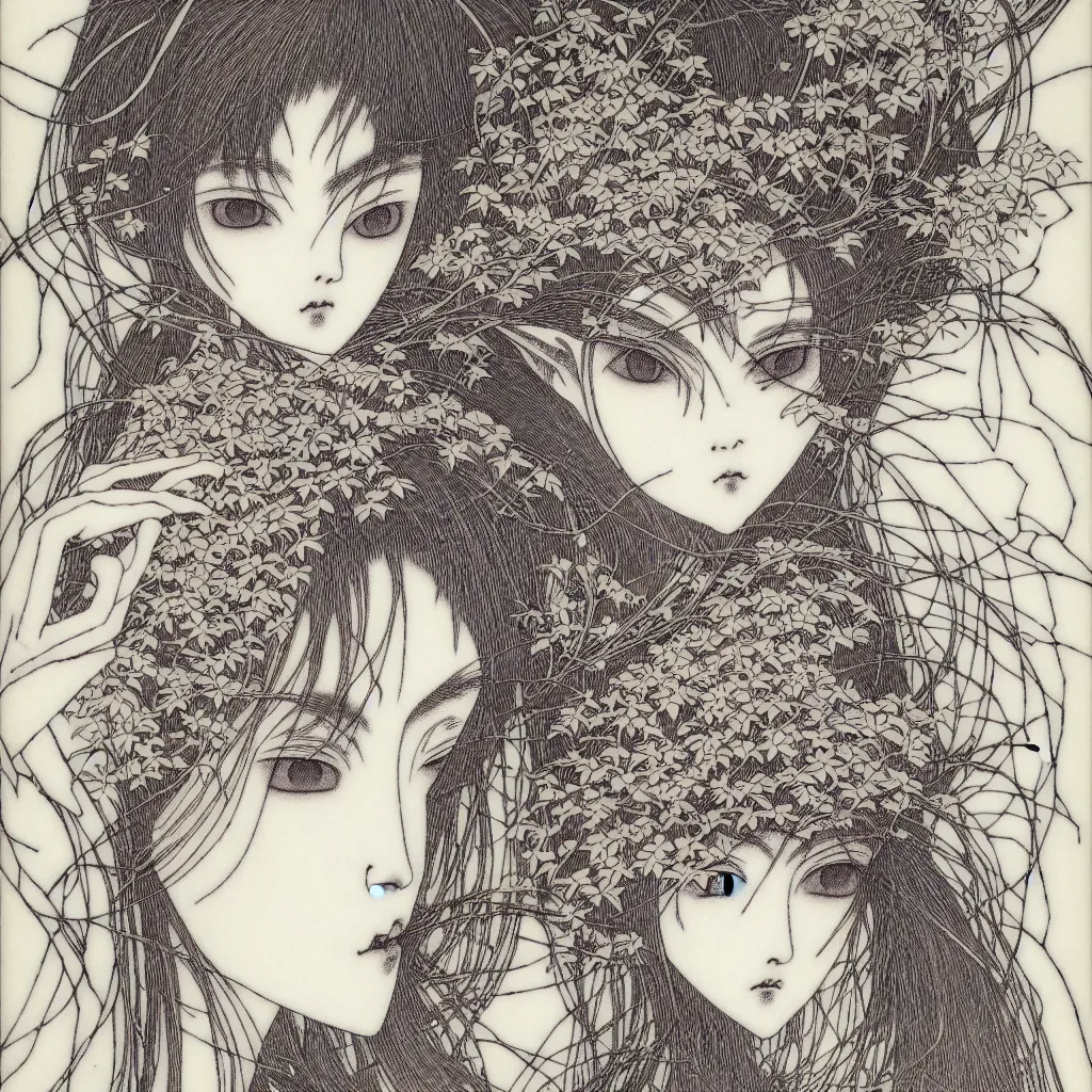 Prompt: prompt: Fragile looking face drawn by Takato Yamamoto, mystic eyes ceramic looking face, inspired by Evangeleon, clean ink detailed line drawing, intricate detail, manga 1980, portrait composition