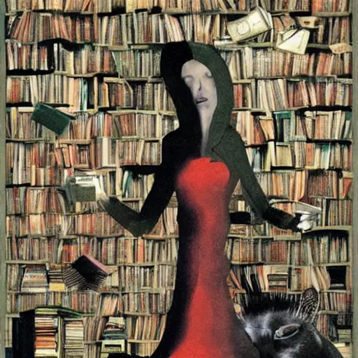 Image similar to the philosopher woman recludes from the world surrounded by a pile of books, art by dave mckean and leonora carrington