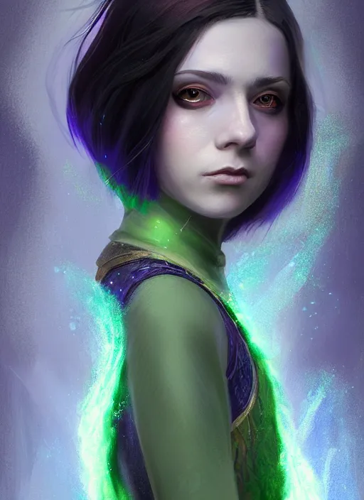 Image similar to Portrait of young female sorcerer, D&D fantasy, her hair is green and styled in a Bob Cut, magic particles flutter in the air, she has a distant expression, and is wearing a shirt and vest, intricate, highly detailed, digital painting, artstation, concept art, sharp focus, illustration, art by greg rutkowski and Ross Tran