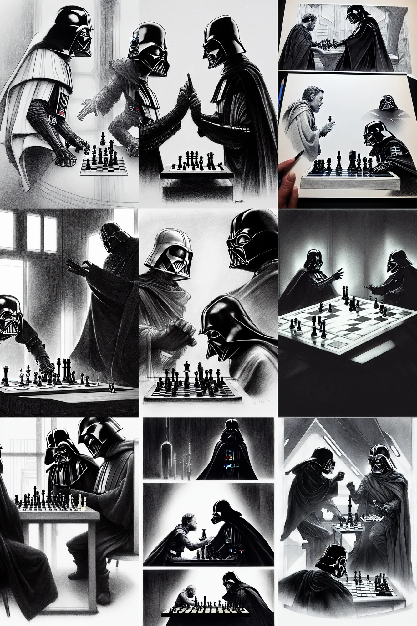 Prompt: obi wan and darth vader playing chess on the death star, pencil drawing by james jean and greg rutkowski, very detailed, futuristic, thoughtful, black and white, philosophical, arthouse
