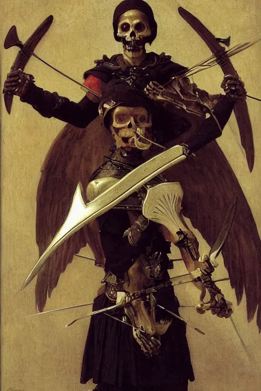 Image similar to portrait of a skeleton archer with big sword, wearing helmets and armor with wings, symmetrical, solemn, sacred, aura, by bouguereau