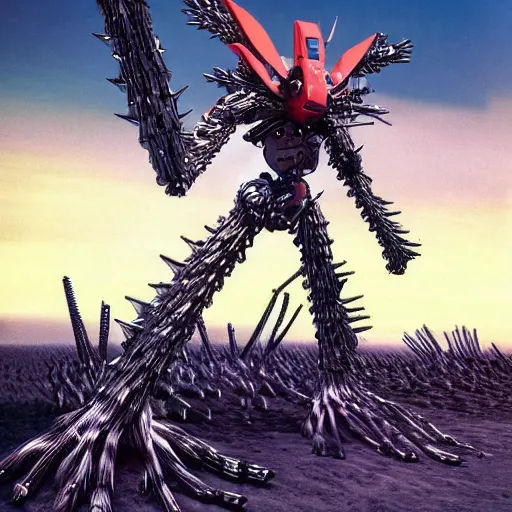 Image similar to spacepunk organic biomech living evangelion giant robot, made of spikes, lovecraftian, fullbody concept, surrounded by dunes, evil