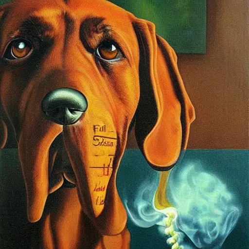 Image similar to a bloodhound smoking a fat blunt oil painting by surreal art 1 9 4 0