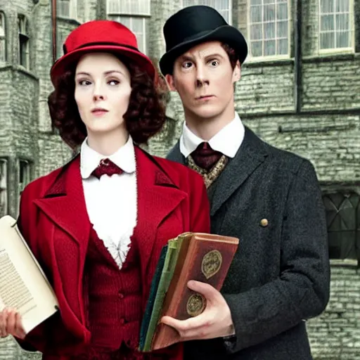 Prompt: sherlock holmes and irene adler fall in love in hogwarts holding a magical book