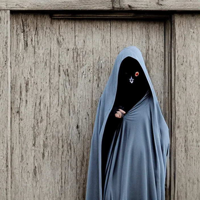 Image similar to closeup portrait of a cloaked hooded figure holding candy, standing in a desolate abandoned house, by Annie Leibovitz and Steve McCurry, natural light, detailed face, CANON Eos C300, ƒ1.8, 35mm, 8K, medium-format print