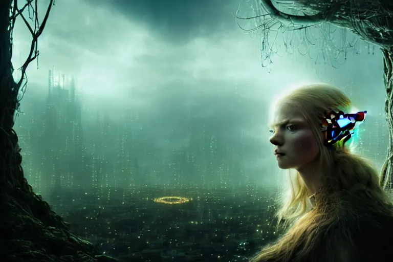 Image similar to an ultra realistic, cinematic, fantasy, headshot portrait, of an elden ring elf, fairy lights, facial features, background of a vast dystopian cityscape, with trees and neon lights, detailed, deep focus, movie still, dramatic lighting, ray tracing, by michal karcz and yoshitaka amano