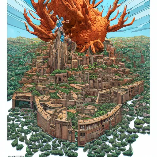 Image similar to cell shaded adult animation, a birds eye view overlooking a walled off ancient fantasy city being attacked by horrific monsters, surrounded by mountains and trees of greens and browns, rivers, concept art by josan gonzales and wlop, Laurie Greasley, Jordan Grimmer, Beksiński and james jean, highly detailed, sharp focus, Trending on Artstation, HQ, deviantart, art by artgem