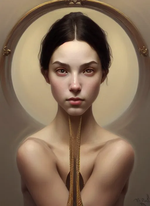 Image similar to symmetry!! portrait of young woman cursed with ever - increasing physical and mental perfection, slice - of - life, realism, golden ratio face proportions!! intricate, elegant, highly detailed, perfect face!! digital painting, artstation, concept art, smooth, sharp focus, illustration, art by artgerm and greg rutkowski and alphonse mucha