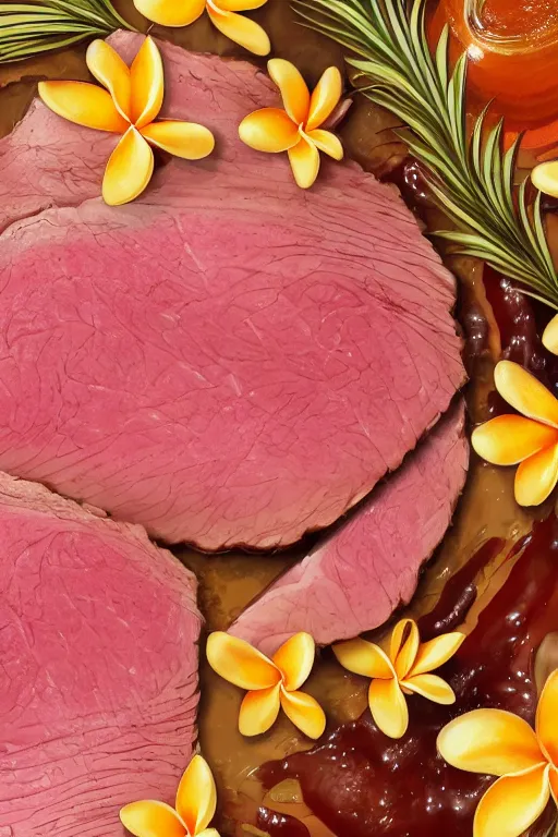 Prompt: ultra realistic illustration, portrait of sliced roast beef covered in honey and ketchup, plumeria tropical bouquet background, close up shot, fantasy, intricate, elegant, highly detailed, digital painting, artstation, concept art, smooth, sharp focus, illustration, surrealism