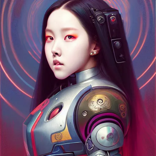 Image similar to portrait painting of olivia hye kpop as a cheerful smiling cyberpunk mercenary, ultra realistic, concept art, intricate details, eerie, highly detailed, photorealistic, octane render, 8 k, unreal engine. art by artgerm and greg rutkowski and magali villeneuve and alphonse mucha