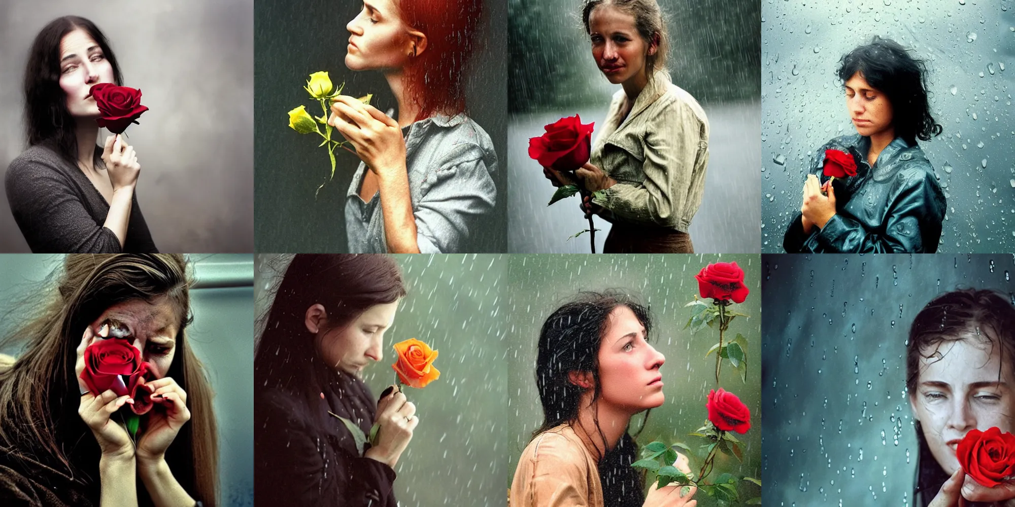 Prompt: a photo of a young teary - eyed woman clutching a small rose in the rain!!!!!!!!!!, photorealistic!!!!!, photo by annie leibovitz, moody