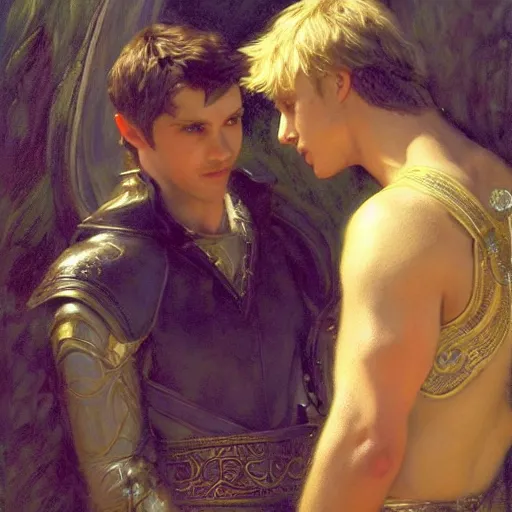 Image similar to attractive arthur pendragon confesses his love to attractive male merlin. highly detailed painting by gaston bussiere, craig mullins, j. c. leyendecker 8 k