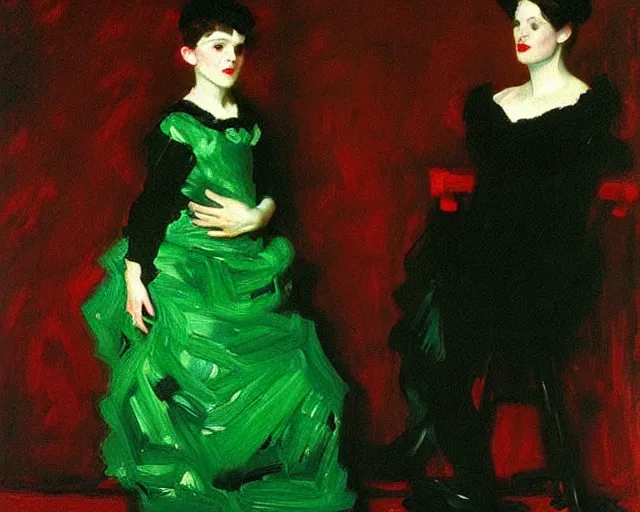 Prompt: a green, red, and black painting by John Singer Sargent