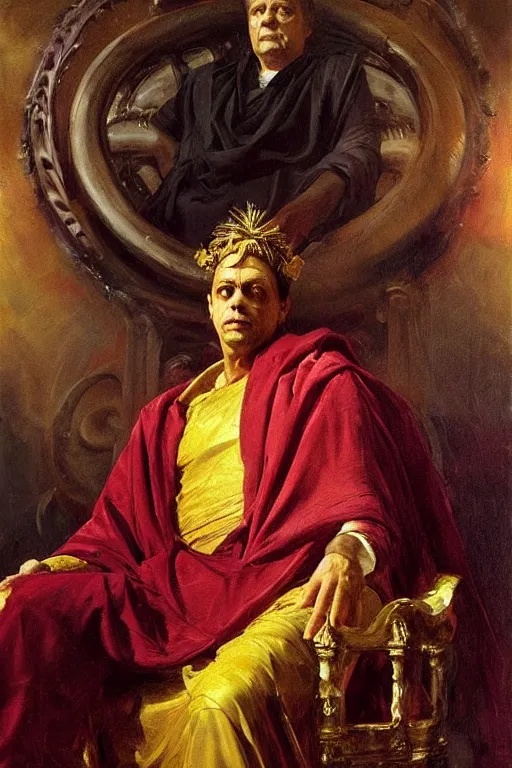 Image similar to beautiful oil painting, steve buscemi in royal crimson robes enthroned as the god emperor of ancient rome a golden wreath upon his head, by anders zorn, wonderful masterpiece by greg rutkowski, beautiful cinematic light, american romanticism, by thomas lawrence, greg rutkowski