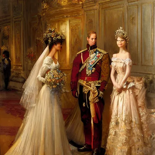 Image similar to detailed painting of prince william marrying attractive gigi hadid, highly detailed painting by gaston bussiere, craig mullins, j. c. leyendecker 8 k, watercolor, royal painting, painting, traditional art