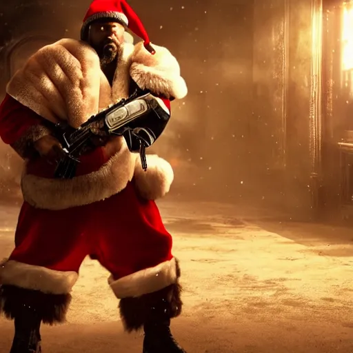 Prompt: Kanye West as santaclaus in 'Gears of War', splash art, movie still, cinematic lighting, detailed face, dramatic, octane render, long lens, shallow depth of field, bokeh, anamorphic lens flare, 8k, hyper detailed, 35mm film grain