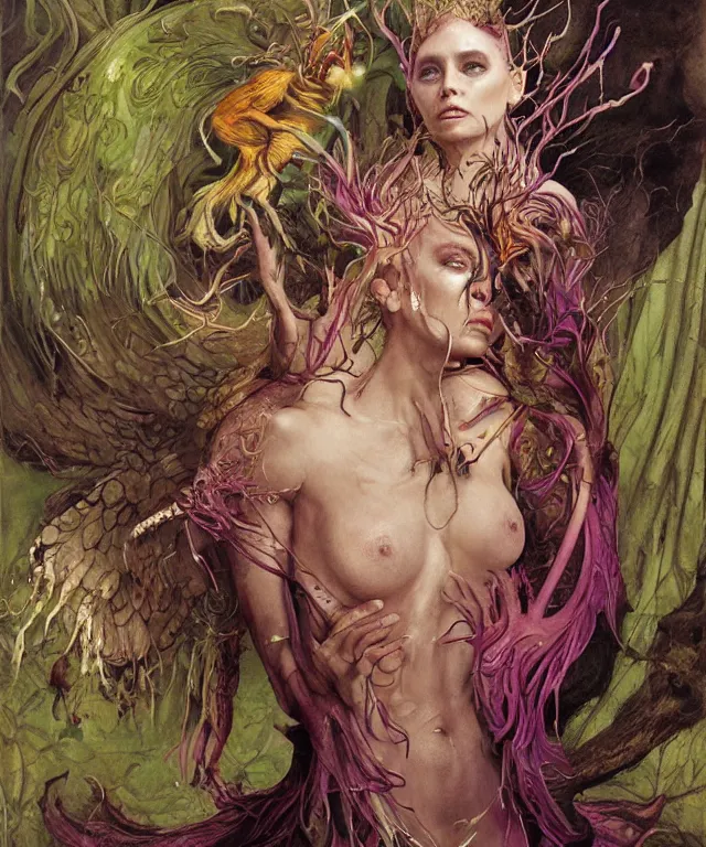 Prompt: a portrait photograph of a fierce mutated harpy super villian with slimy skin. she looks like elizabeth olsen and is meditating in a colorful infected bulbous shiny organic catsuit. by donato giancola, hans holbein, walton ford, gaston bussiere, peter mohrbacher and brian froud. 8 k, cgsociety, fashion editorial