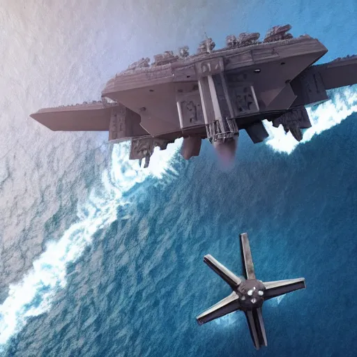 Prompt: promotional movie still, high - angle view, a usa aircraft carrier in the ocean. in the distance a star wars tie fighter comes in for a landing. 3 d, digital art, octane 3 d render, ue 5, realism, cinematic, imax 7 0 mm.