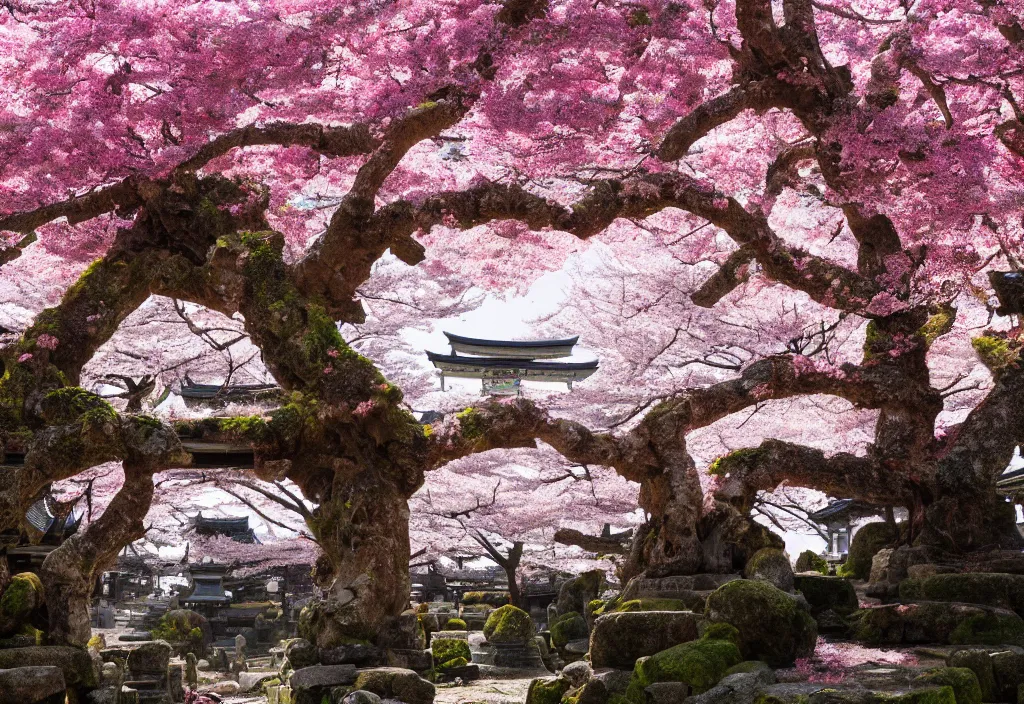 Image similar to An ancient shinto temple from Feudal Japan, cherry blossom trees, temple ruins, plant vegetation, fluffy clouds, sun rays, hyper realistic, high details, vivid colors, intricate details, artstation, octane, 8k