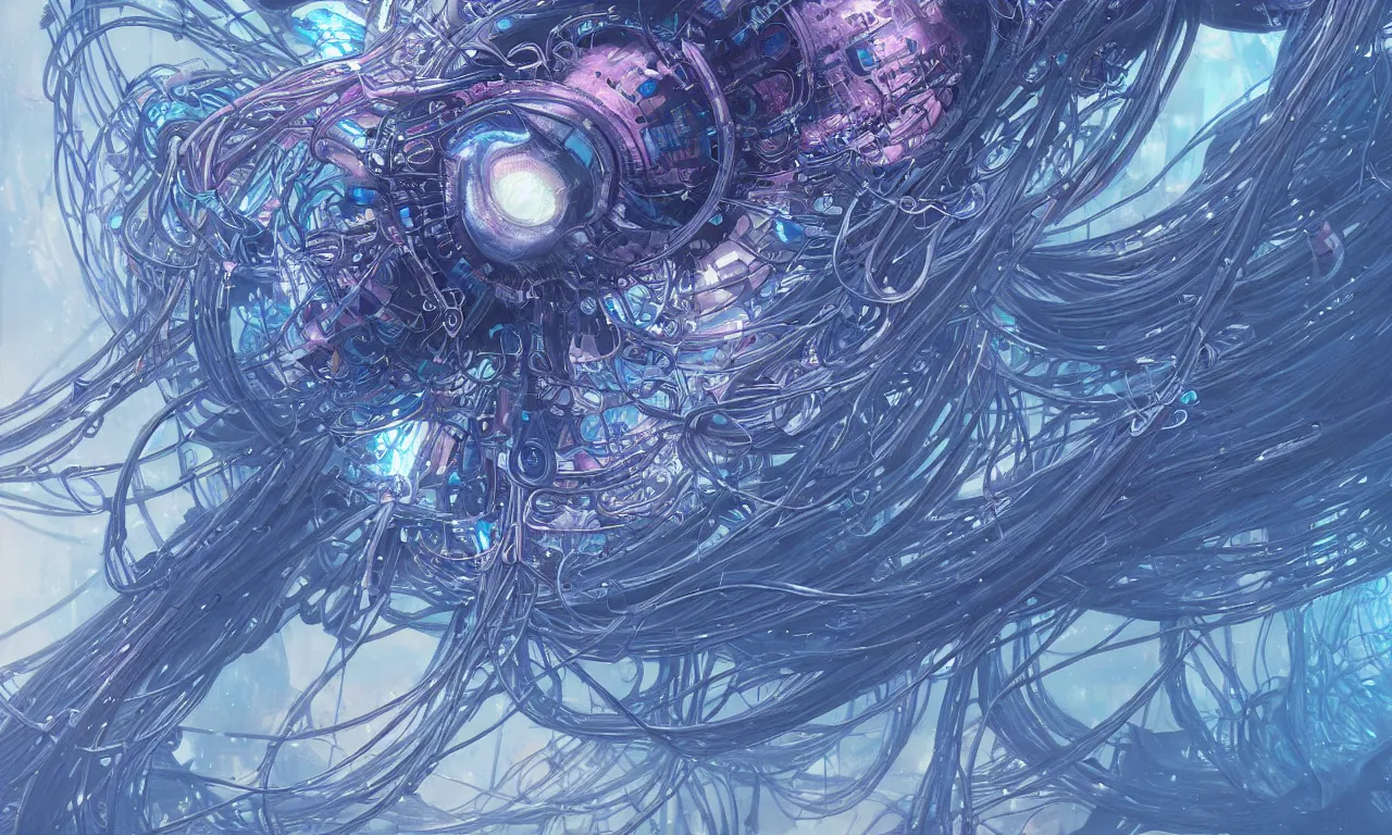 Image similar to a hyper detailed painting of a cyberpunk jellyfish, cables everywhere, blue tones, underwater, highly detailed, digital painting, artstation, concept art, smooth, sharp focus, illustration, art by artgerm and greg rutkowski and alphonse mucha