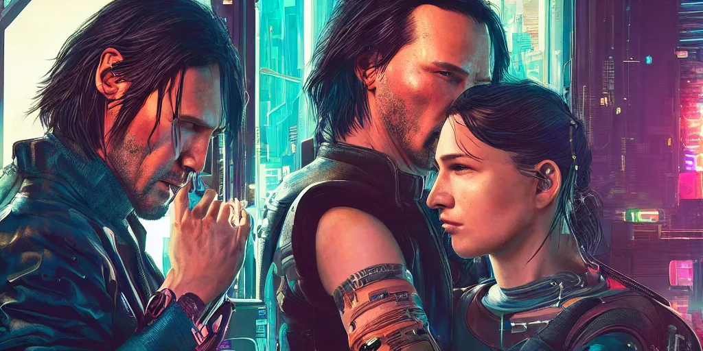 Image similar to a cyberpunk 2077 srcreenshot couple portrait of Keanu Reeves and a female android final kissed in night city,love,film lighting,by Lawrence Alma-Tadema,Andrei Riabovitchev,Laurie Greasley,Dan Mumford,John Wick,Speed,Replicas,artstation,deviantart,FAN ART,full of color,Digital painting,face enhance,highly detailed,8K,octane,golden ratio,cinematic lighting