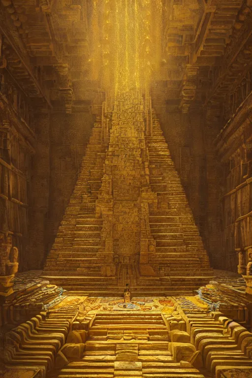 Image similar to inside a majestic aztec temple made of gold, intricate, elegant, volumetric lighting, digital painting, highly detailed, artstation, sharp focus, illustration, concept art, ruan jia, steve mccurry