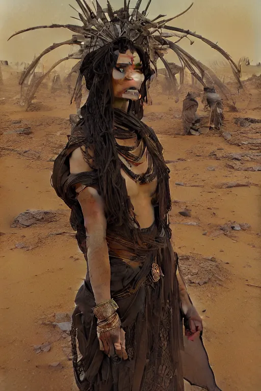 Image similar to a full body portrait of a beautiful post apocalyptic offworld desert bedouin blind beggar by the city gates, intricate, elegant, highly detailed, digital painting, artstation, concept art, smooth, sharp focus, illustration, art by krenz cushart and artem demura and alphonse mucha