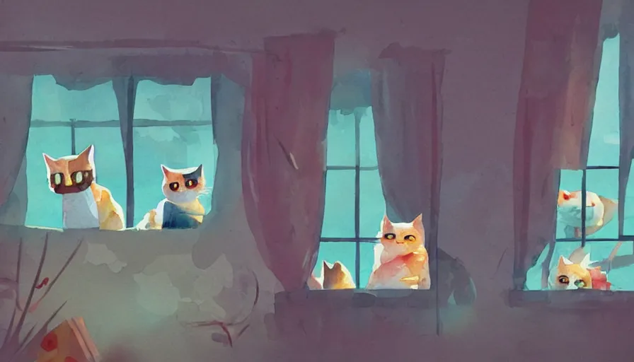 Image similar to watercolor illustration style, cute cats looking out the window, inspired by tearaway, dreamy aesthetic, misty, trending on artstation, vivid colors, 8 k, filip hodas, jeremy mann