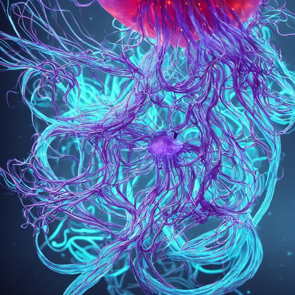 Prompt: a beautiful exquisite hyper detailed rendering of a bioluminescent jellyfish with flowing tendrils, vivid deep colors, scifi, realistic, octane render, vray render,