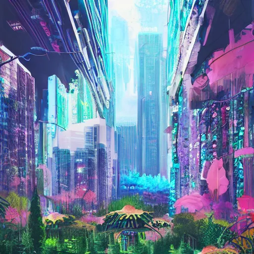 Image similar to forest and flower city, cyberpunk, futuristic, vivid colors, utopia by alayna danner and dang my linh