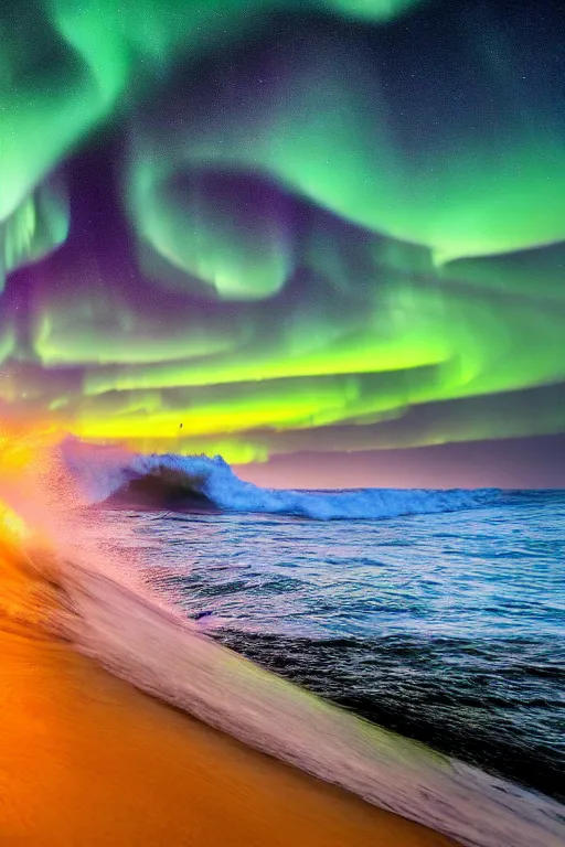 Image similar to dslr, insanely beautiful surf, sunset, aurora, billions of stars, insane details, flying dolphins, hyper reallistic, 8 k,, ultra clear detail, hdr, textured, award winning, professional photography